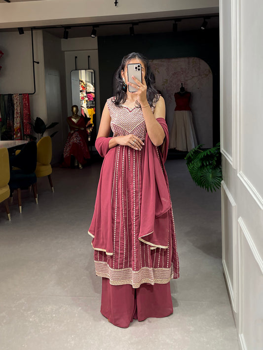 Indian Red Color Sequins And Thread Embroidery Work Georgette Kurti Plaza Set