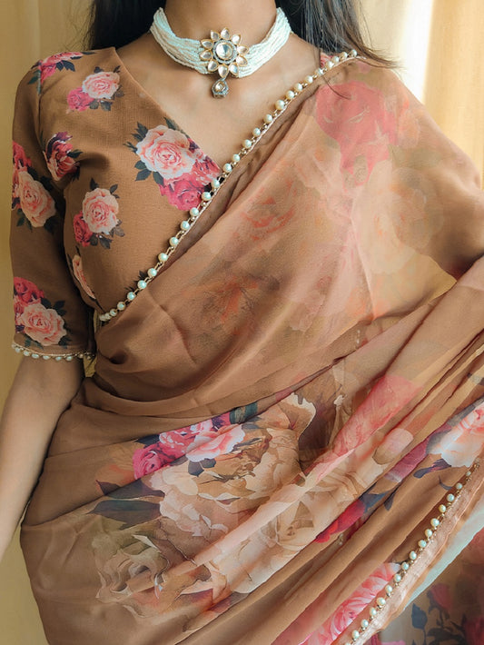 Brown Color Printed With Peral Lace Border Georgette Saree