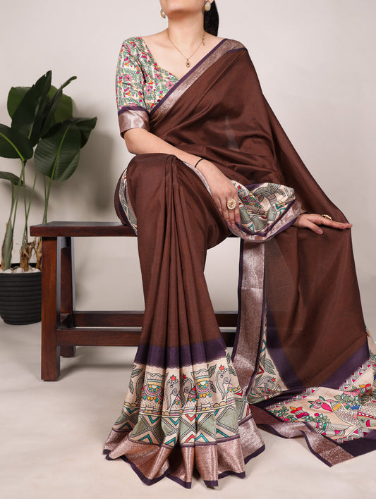 Coffee Color Printed Tussar Silk With Viscose Border Saree