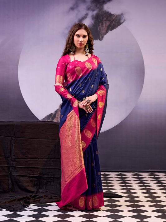 Navy Blue Color Poly Cotton Saree