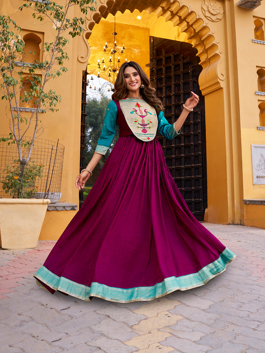 Wine Color Vichitra Silk Dress