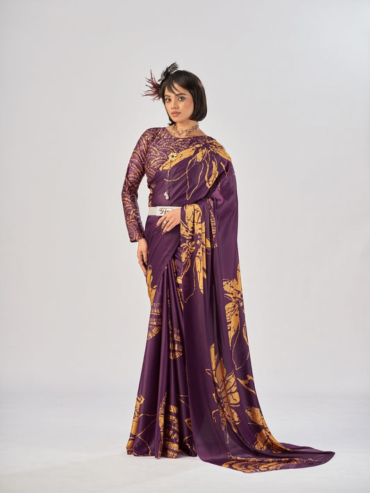 Wine Color Satin Silk Saree