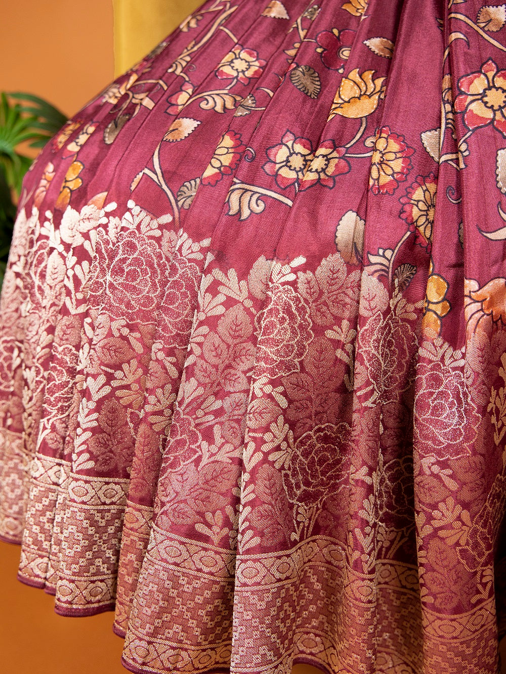 Maroon Color Kalamkari Print And Weaving Work Viscose Wedding Saree