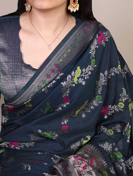 Prussian Blue Color Naylon Saree