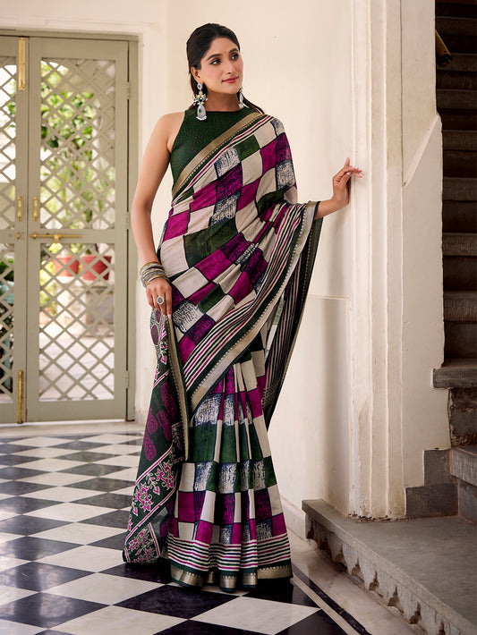 Green Color Printed With Temple Border Polyester Viscose Chanderi Saree