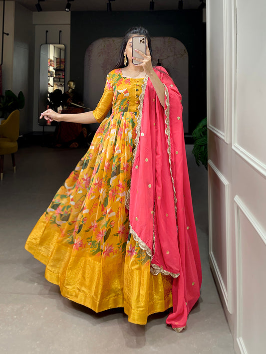 Yellow Color Printed With Weaving Work Patta Soft Chanderi  Dress
