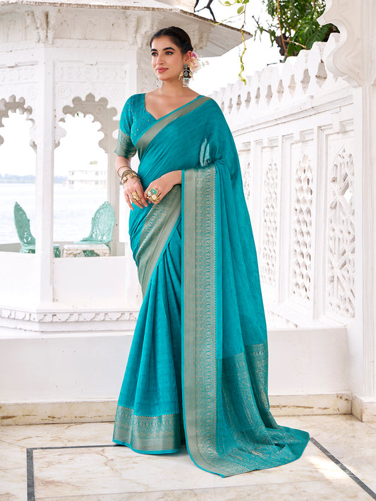 Firozi Color Self Printed With Zari Weaving Work Chinon Saree