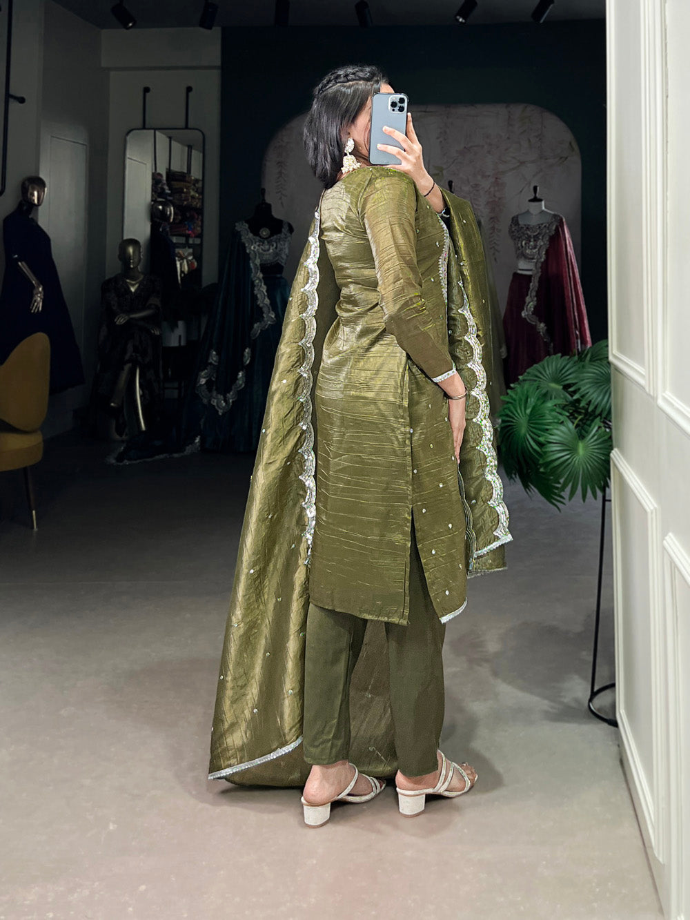 Olive Green Color Sequins And Thread Embroidery Work Gold Coin Salwar Suit XL Size / Green Olive Green Color Sequins And Thread Embroidery Work Gold Coin Salwar Suit XL Size / Green