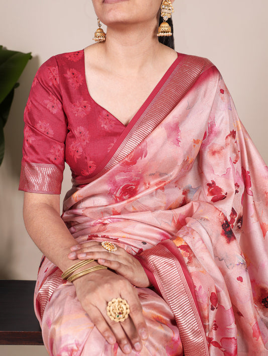 Tomato Color Printed Tussar Silk With Viscose Border Saree