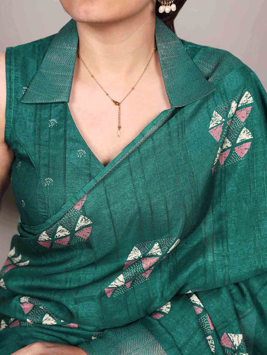 Pine Green Batik Print Saree