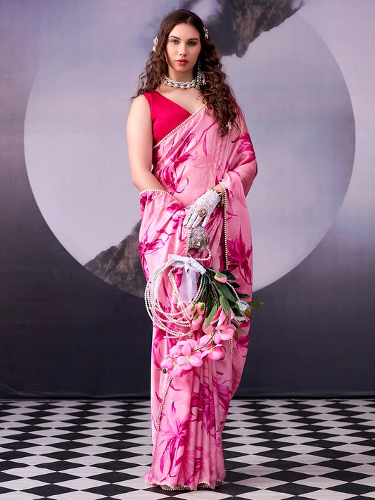 Pink Color Fancy Floral Saree