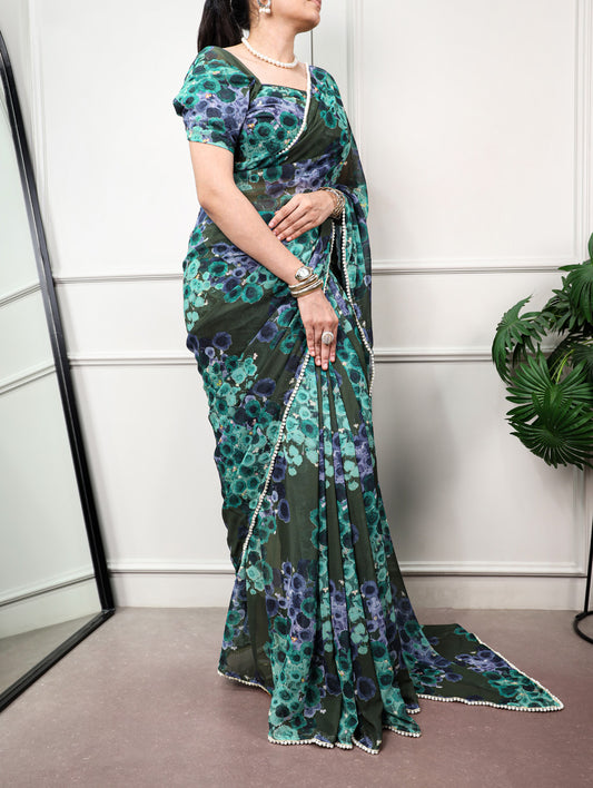 Floral Printed Mehendi Color Saree