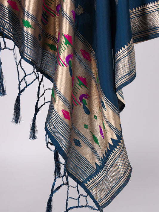 Bottle Green Color Weaving Zari Work Jacquard Silk With Paithani Dupatta
