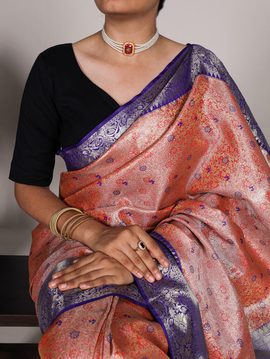 Orange Color Zari Weaving Work Jacquard Silk Kanjivaram Saree