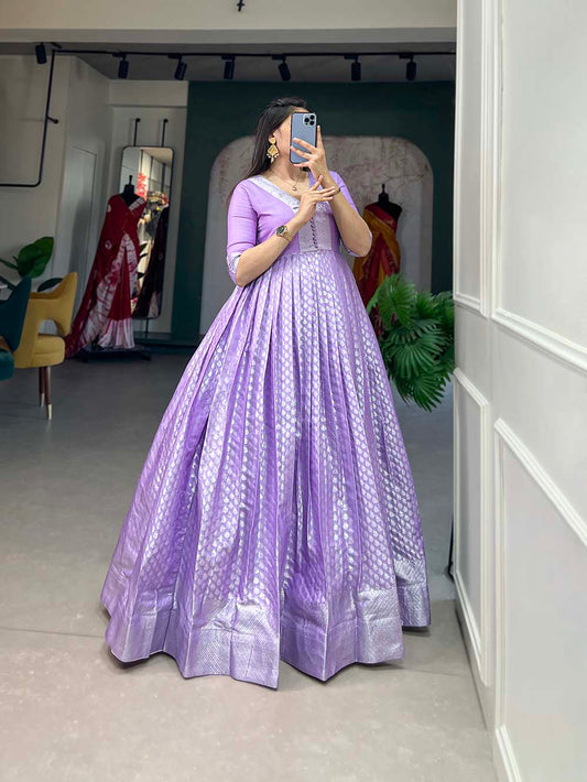 Lavender Color Zari Weaving Work Jacquard Silk Dress