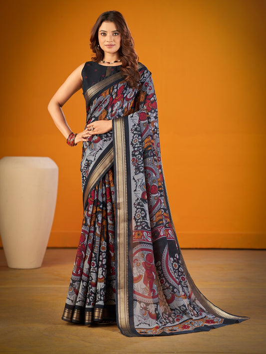 Black Color Kalamkari Print Saree