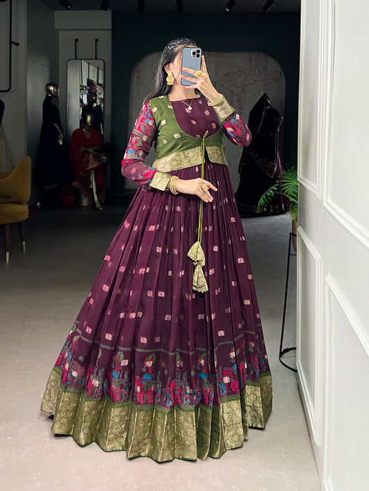 Wine Color Kalamkari With Zari Weaving Work Poly Cotton Gown