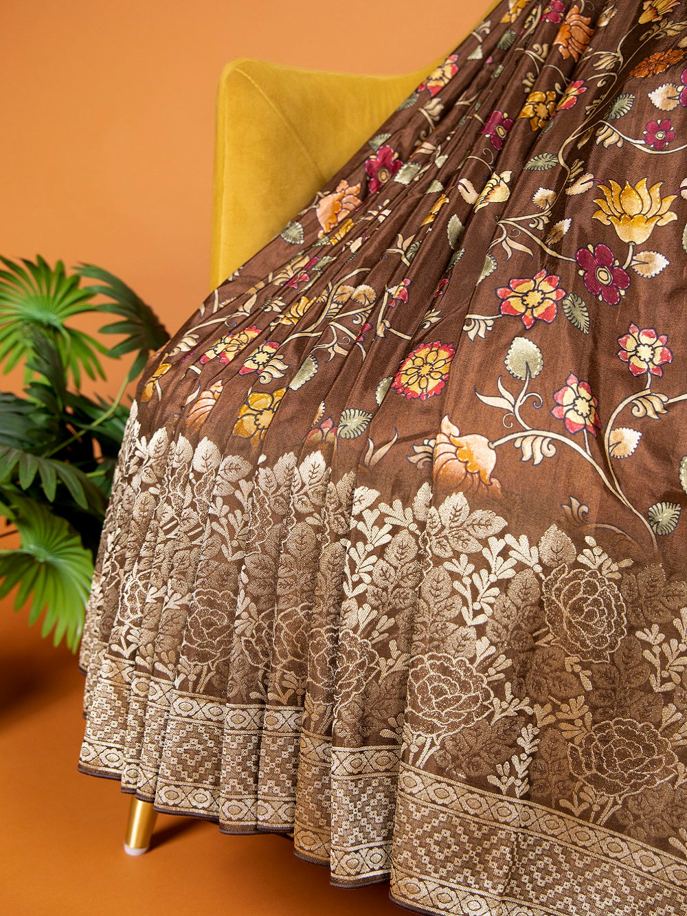 Brown Color Kalamkari Print And Weaving Work Viscose Wedding Saree