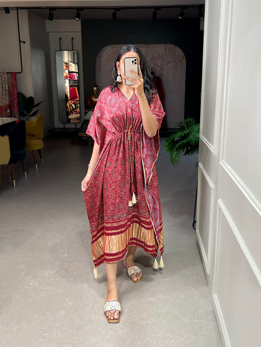 Maroon Color Digital Print With Gotta Patti Lace Border Gaji Silk Kaftan