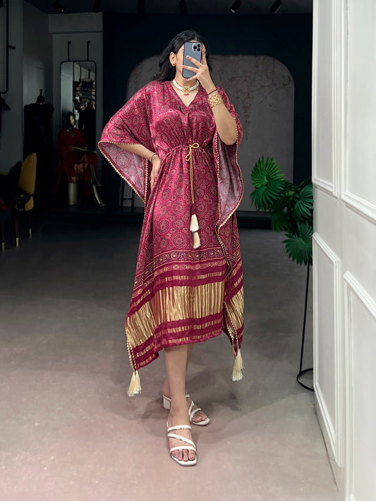 Maroon Color Digital Print With Gotta Patti Lace Border Gaji Silk Kaftan
