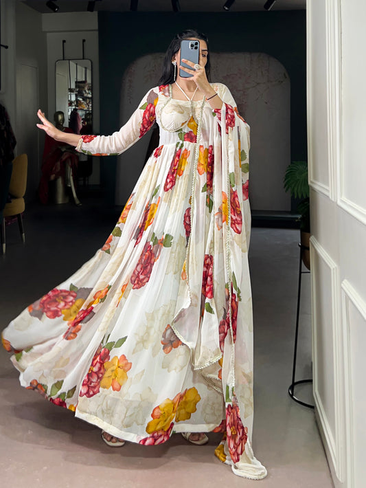 White Color Floral Print With Lace Border Chiffon Gown