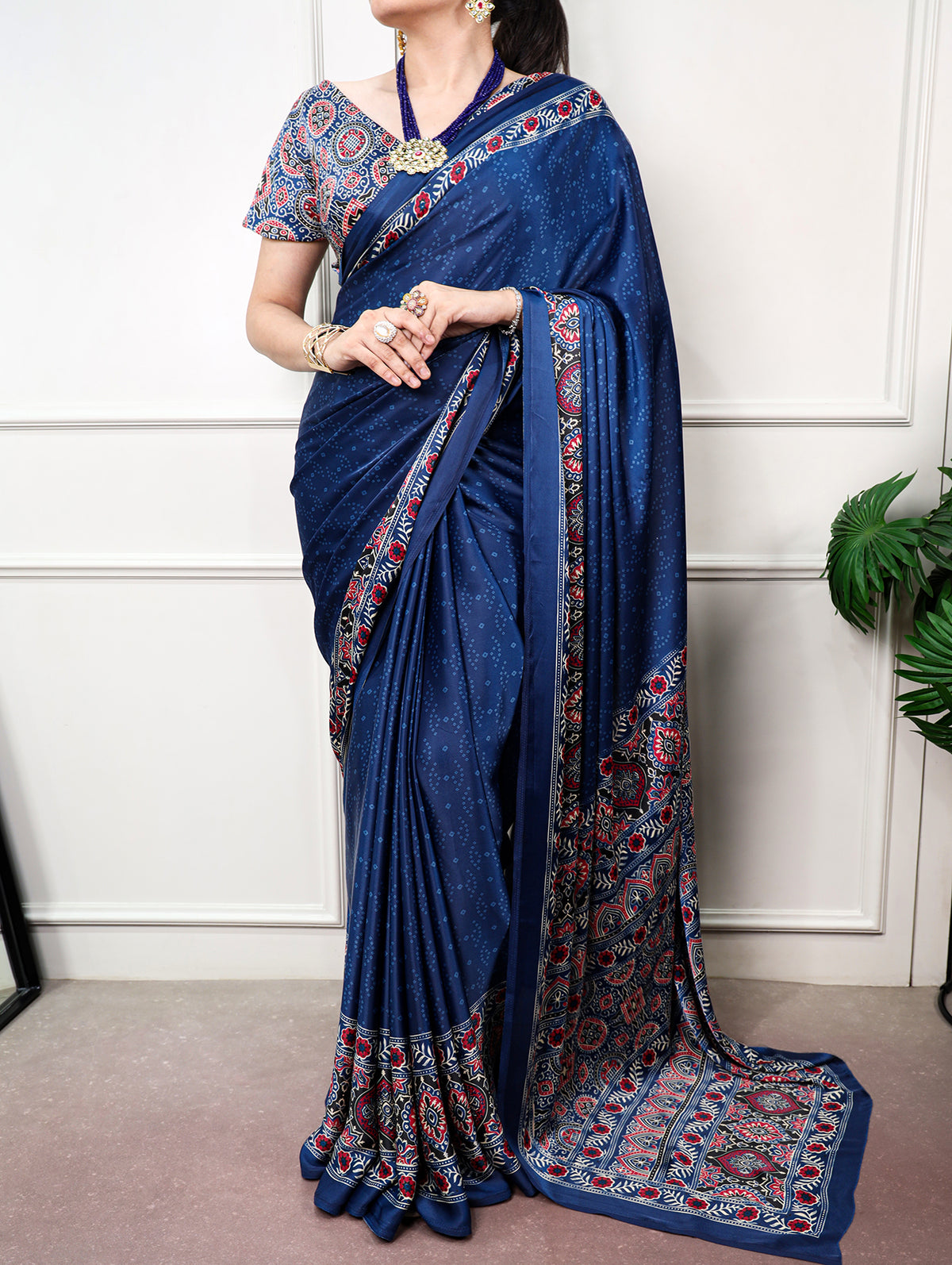 Woman Wear Satin Silk Ajrakh Saree