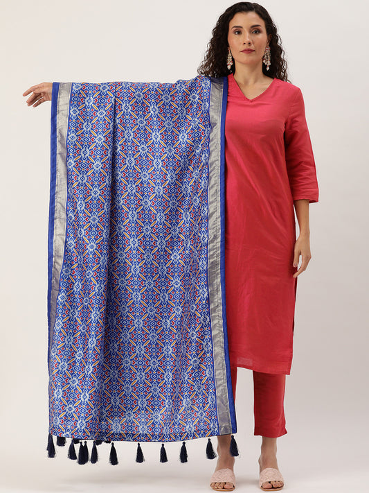 Blue Color Patola Print With Foil Work Also Comes With Tassels Tussar Silk Dupatta