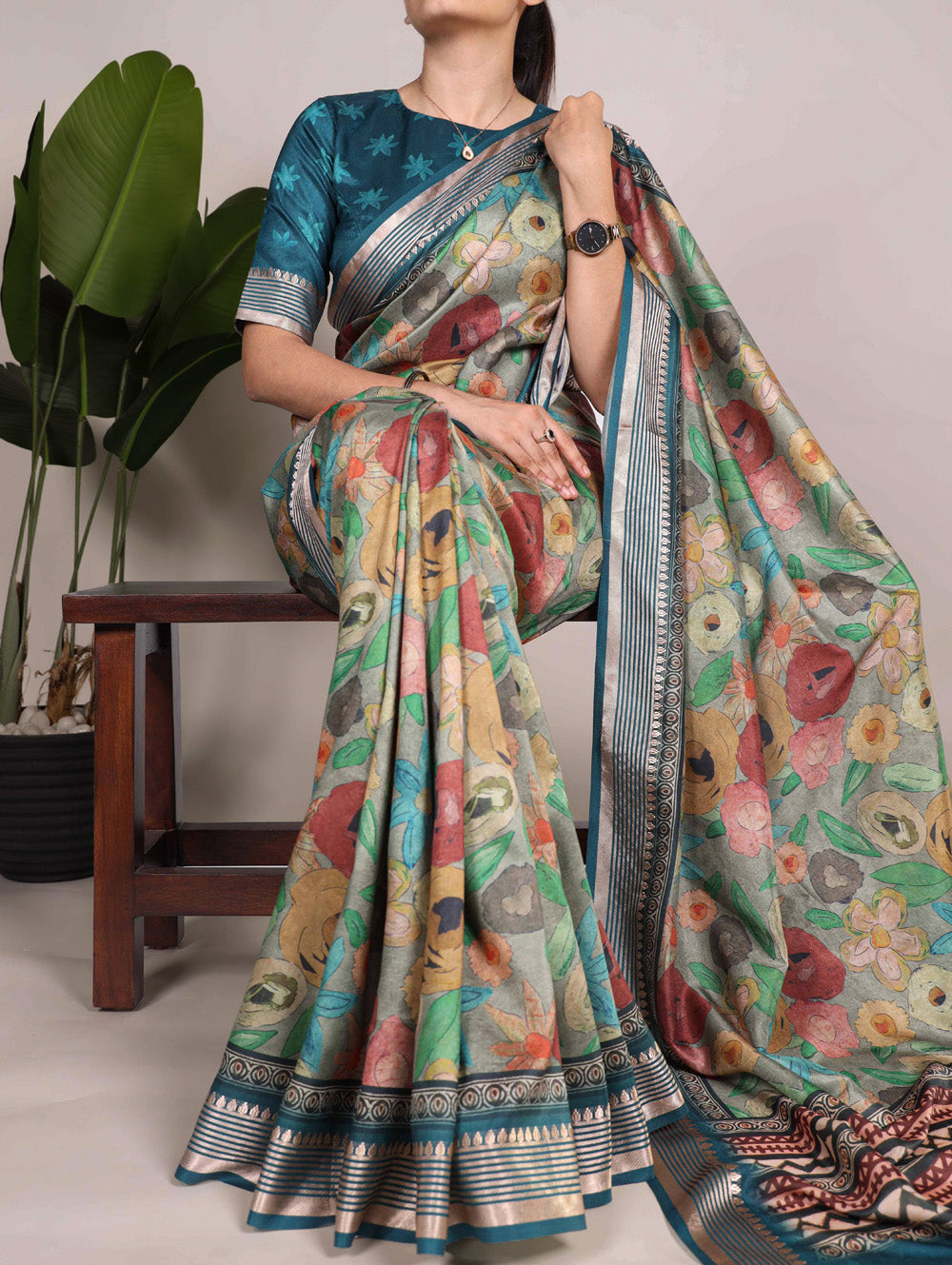 Firozi Color Printed Tussar Silk With Viscose Border Saree