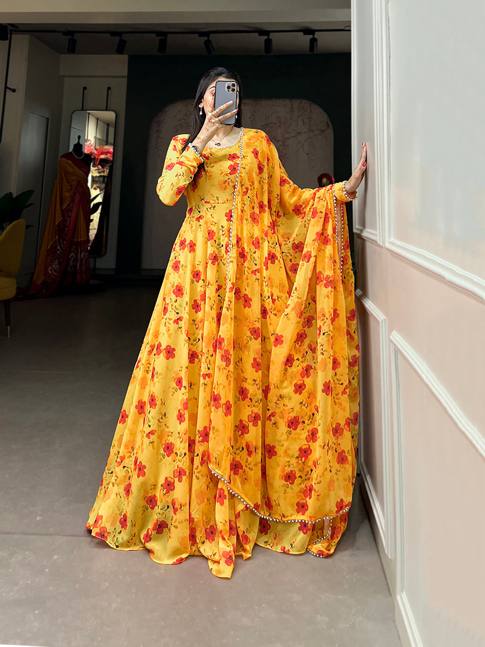 Mustard Color Floral Printed Georgette Dress