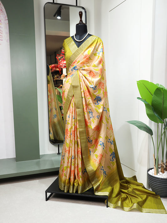 Yellow Color Digital Printed Handloom Kotha Border Saree