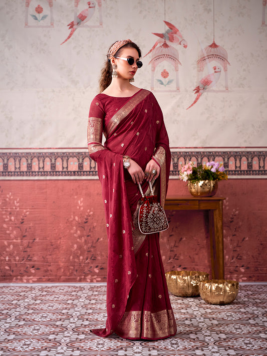 Maroon Color Women Wear Chinon Saree