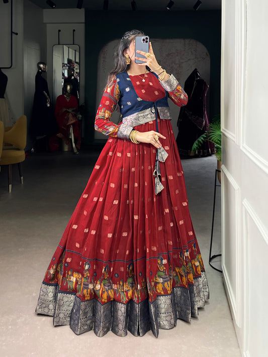Maroon Color Kalamkari With Zari Weaving Work Poly Cotton Gown