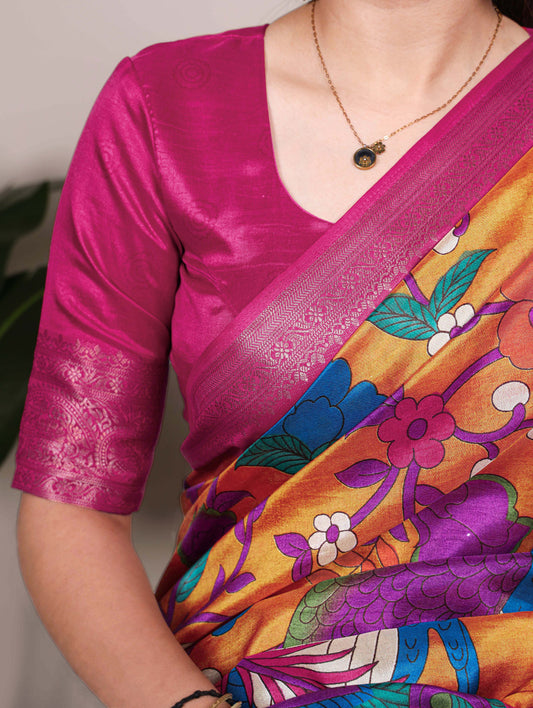 Mustard Color Printed With Zari Weaving Work Tussar Silk Saree