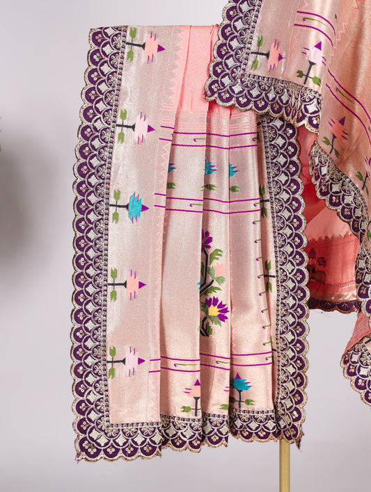 Peach Color Weaving Zari Work With Sequins And Embroidery Lace Jacquard Silk Dupatta