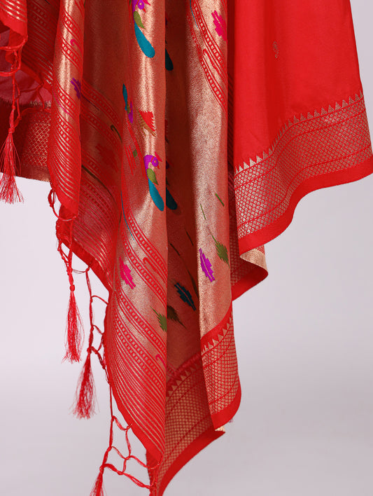 Red Color Weaving Zari Work Jacquard Silk With Paithani Dupatta