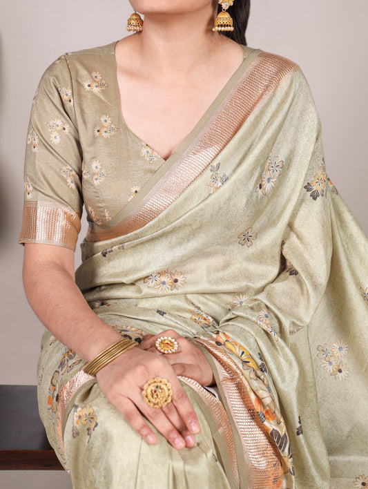 Tea Color Printed Tussar Silk With Viscose Border Saree