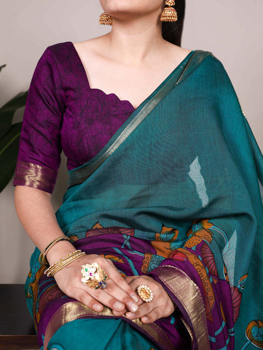 Teal Color Tradition Floral Printed With Zari Weaving Work Viscose Chanderi Saree