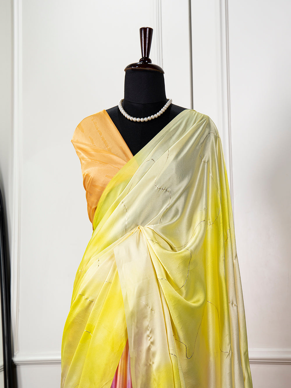 Yellow Color Digital Print And Foil Work Satin Silk Saree