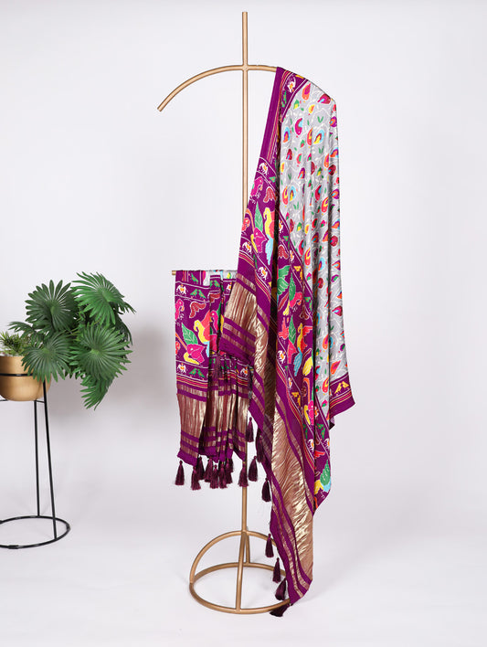 Grey Color Digital Print And Lagadi Patta Gaji Silk Dupatta