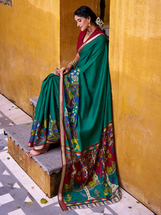 Firozi Color Kalamkari Print With Zari Weaving Work Polyester Viscose Chanderi Saree