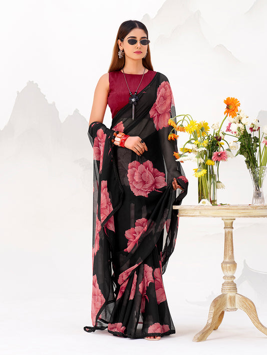 Black Color Floral Print with Lace Border Chiffon Saree