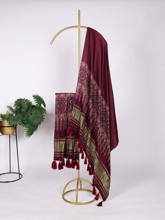 Maroon Color Digital Print And Lagadi Patta Gaji Silk Dupatta