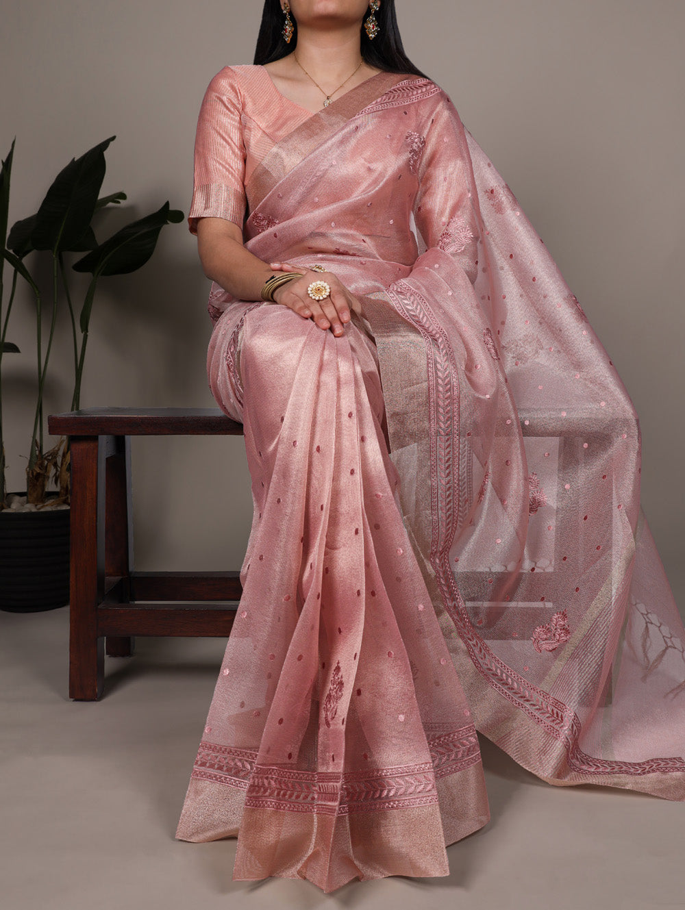 Light Pink Color Thred Embroidery Work Poly Shimmer Saree