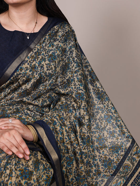 Navy Blue Color Printed With Zari Weaving Work Polyester Viscose Chanderi Saree