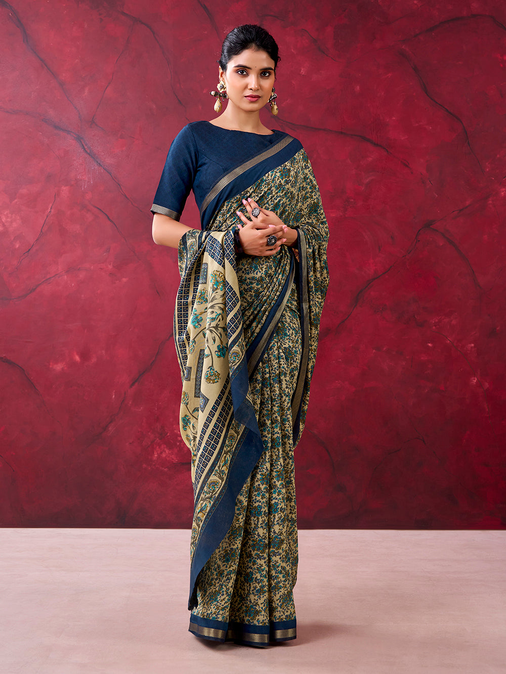 Navy Blue Color Printed With Zari Weaving Work Polyester Viscose Chanderi Saree