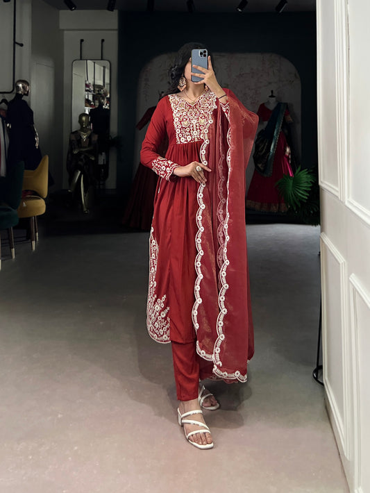 Rust Orange Color Sequins And Thread Embroidery Work Maska Cotton Salwar Suit