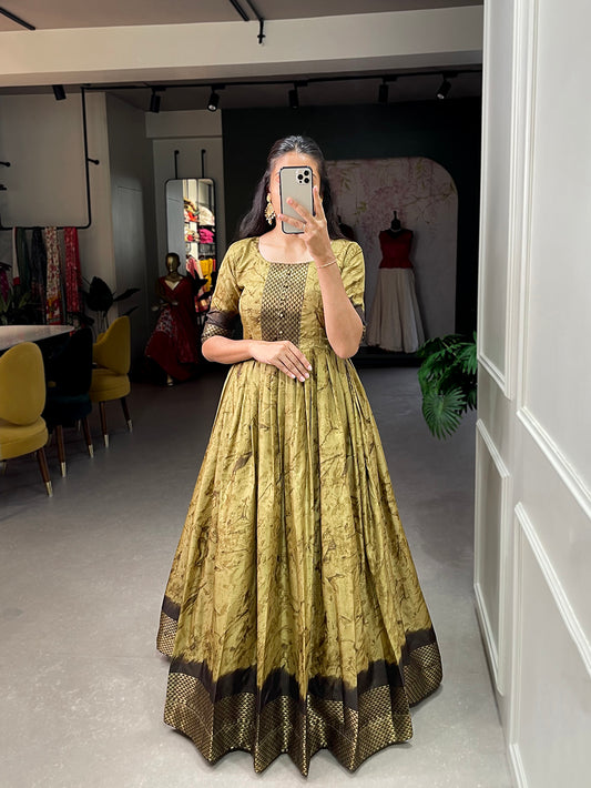 Mustard Color Zari Weaving Work Shibori Printed Silk Dress