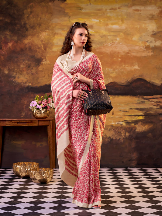 Salmon Color Printed Tasar Silk Saree