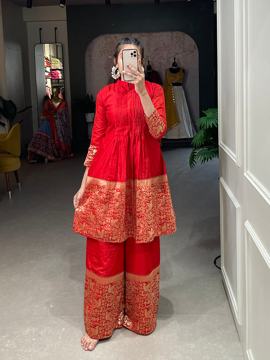 Red Color Zari Weaving Work With Dyeing Silk Kurti Plaza Set