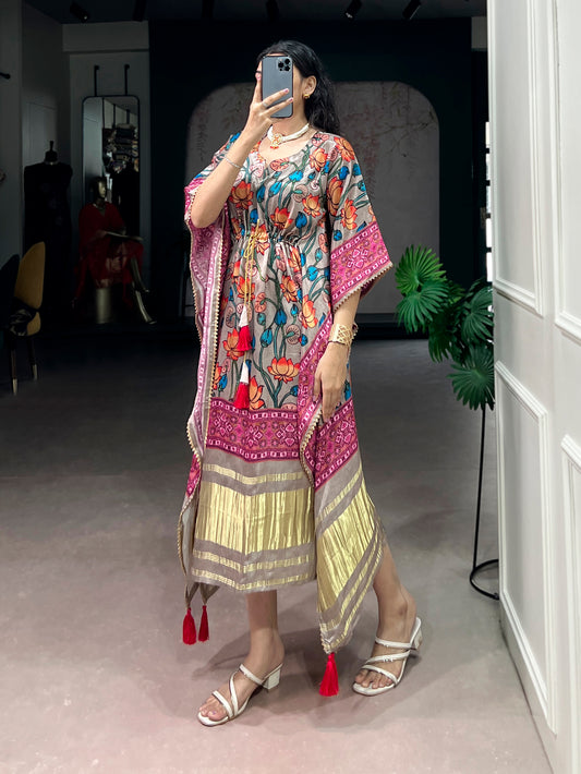Light Pink Color Digital Printed Pure Gaji Silk Kaftan